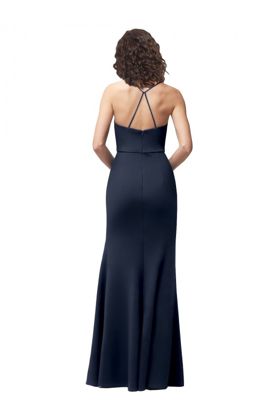 Sheath High Neck Stretch Crepe Long Dark Navy Prom Dresses Canada