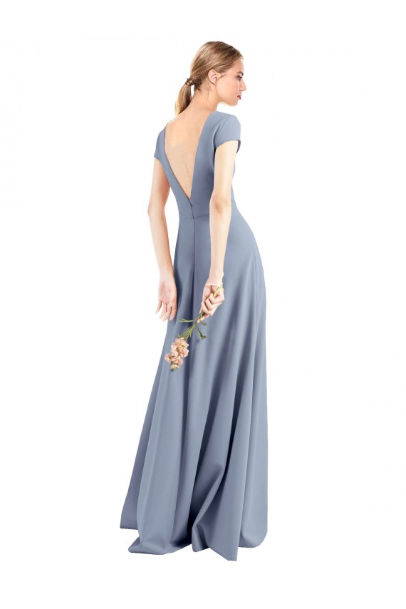 Sheath V-Neck Stretch Crepe Long Smoke Blue Prom Dress Canada