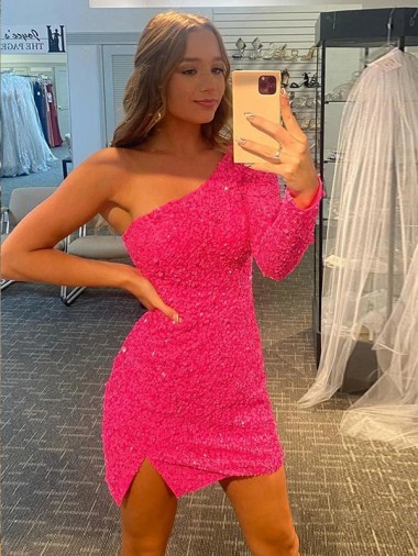 Sheath One Shoulder Velvet Sequin Short  Long Sleeves Prom Dress Canada