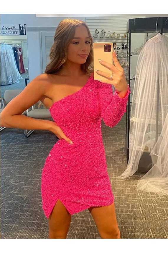 Sheath One Shoulder Velvet Sequin Short  Long Sleeves Prom Dress Canada