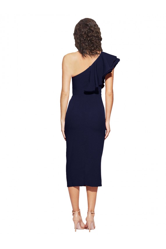 Sheath One Shoulder Stretch Crepe Midi Length Dark Navy Prom Dress Canada
