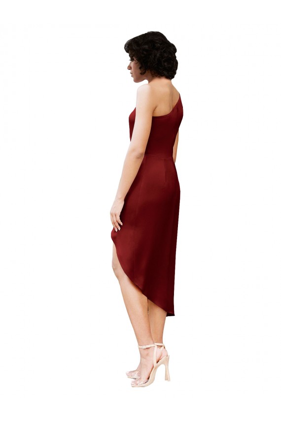 Sheath One Shoulder Stretch Satin Midi Length Burgundy Black Tie Prom Dress Canada