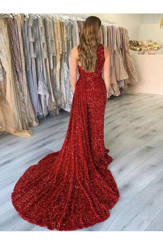 Sheath One Shoulder Velvet Sequins Court Train Burgundy Velvet Sequin Prom Dress Canada
