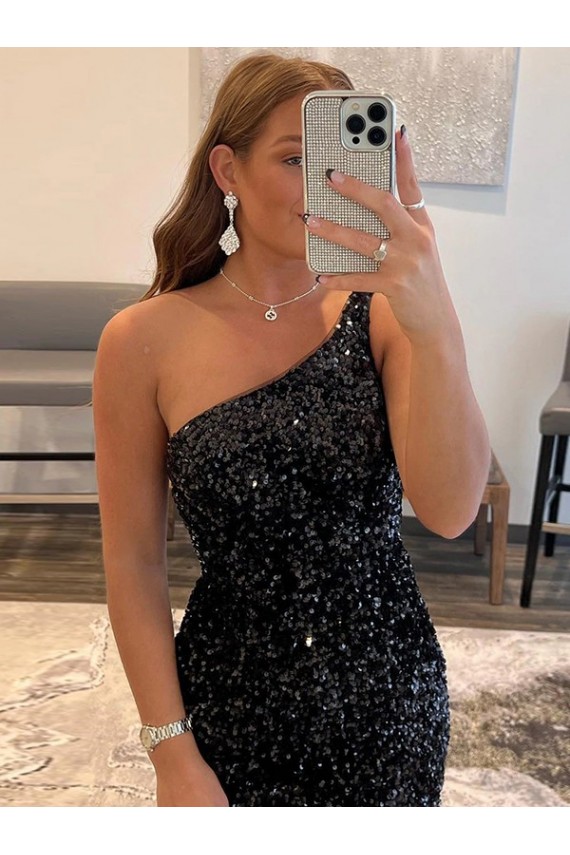 Sheath One Shoulder Velvet Sequins Short Black Velvet Sequin Prom Dress Canada