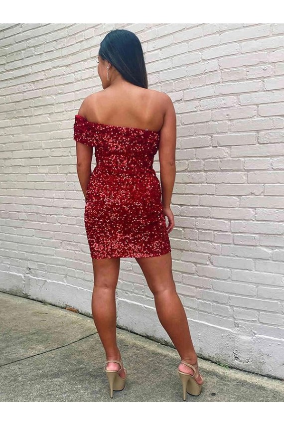 Sheath One Shoulder Velvet Sequins Short Burgundy Velvet Sequin Prom Dress Canada