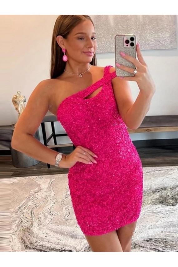 Sheath One Shoulder Velvet Sequins Short Fuchsia Velvet Sequin Prom Dress Canada