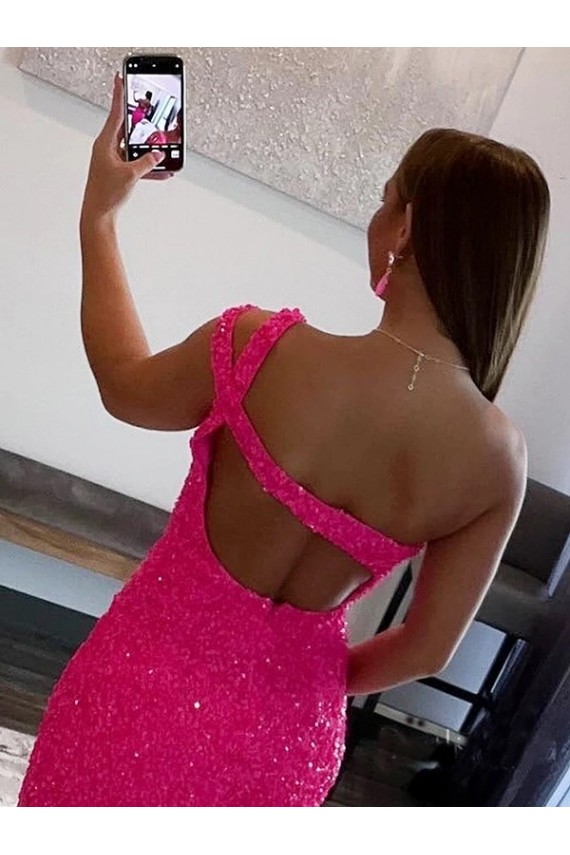 Sheath One Shoulder Velvet Sequins Short Fuchsia Velvet Sequin Prom Dress Canada