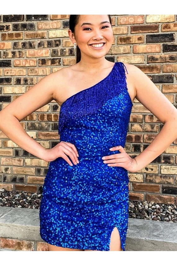 Sheath One Shoulder Velvet Sequin Short Royal Blue Prom Dress Canada