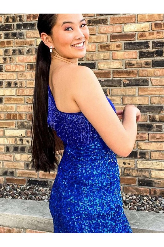 Sheath One Shoulder Velvet Sequin Short Royal Blue Prom Dress Canada