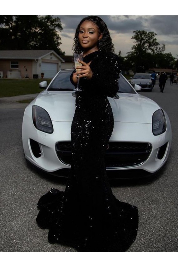 Sheath One Shoulder Velvet Sequins Sweep Train Black Velvet Sequin Prom Dress Canada