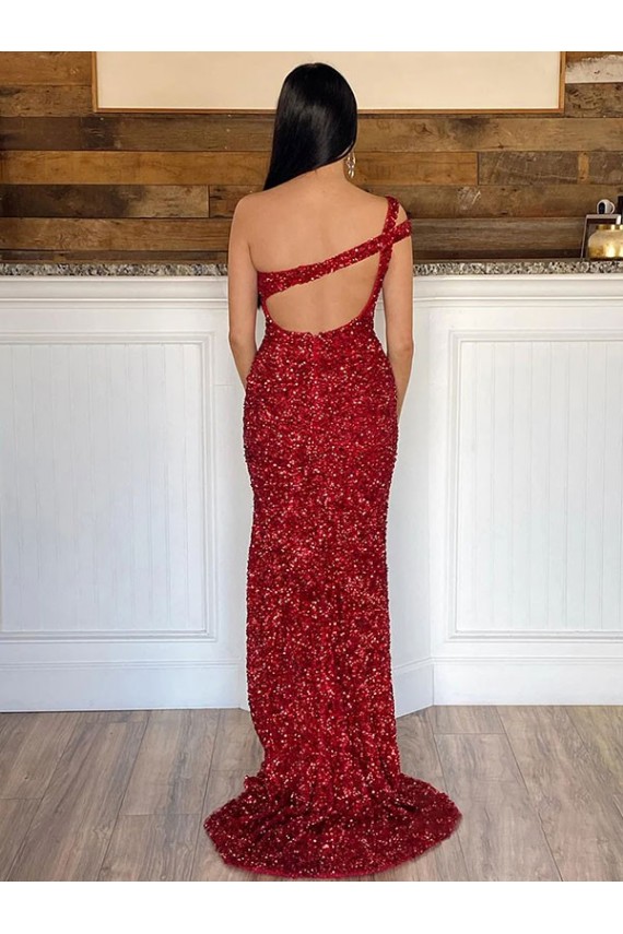Sheath One Shoulder Velvet Sequins Sweep Train Burgundy Velvet Sequin Prom Dress Canada