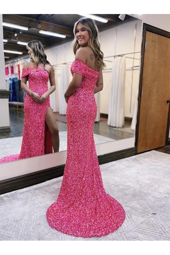 Sheath One Shoulder Velvet Sequin Sweep Train Fuchsia Prom Dress Canada