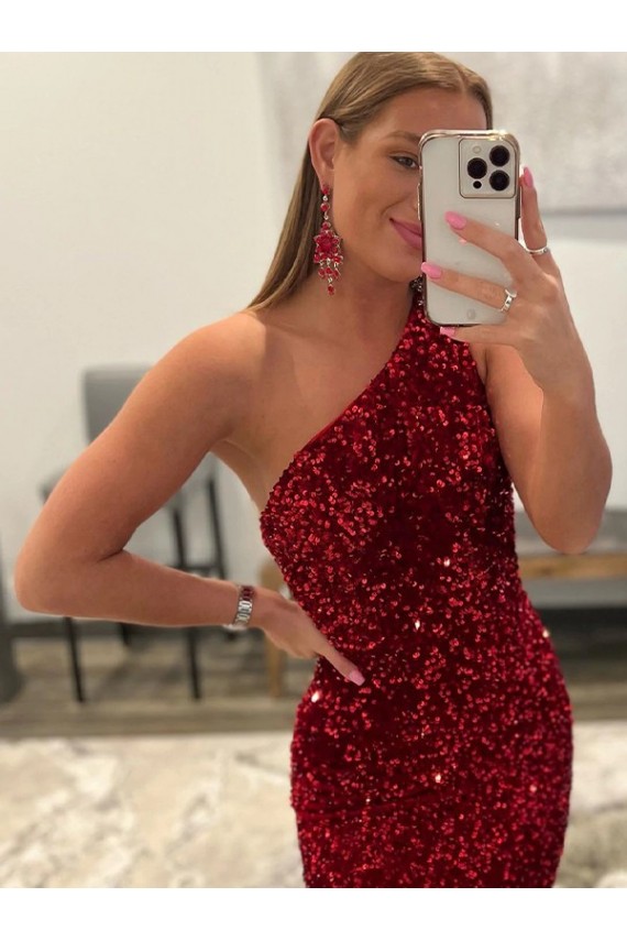 Sheath One Shoulder Velvet Sequins Sweep Train Pink Velvet Sequin Prom Dress Canada