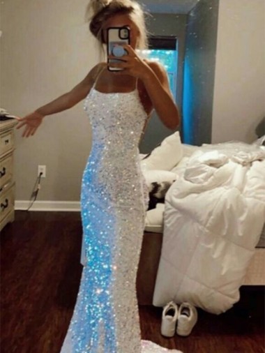 Sheath Spaghetti Straps Velvet Sequin Sweep Train  Sleeveless Prom Dress Canada