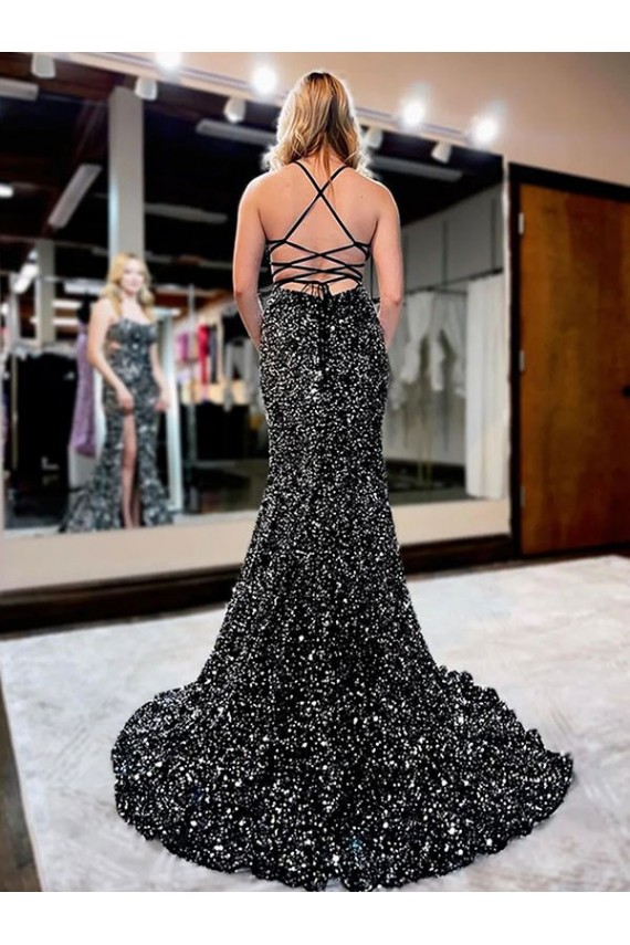 Sheath Spaghetti Straps Velvet Sequin Sweep Train  Prom Dress Canada