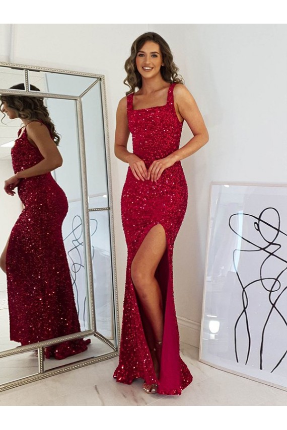 Sheath Square Neck Velvet Sequins Long Burgundy Velvet Sequin Prom Dress Canada