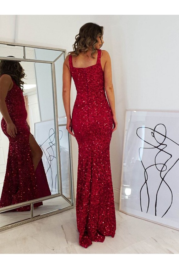 Sheath Square Neck Velvet Sequins Long Burgundy Velvet Sequin Prom Dress Canada