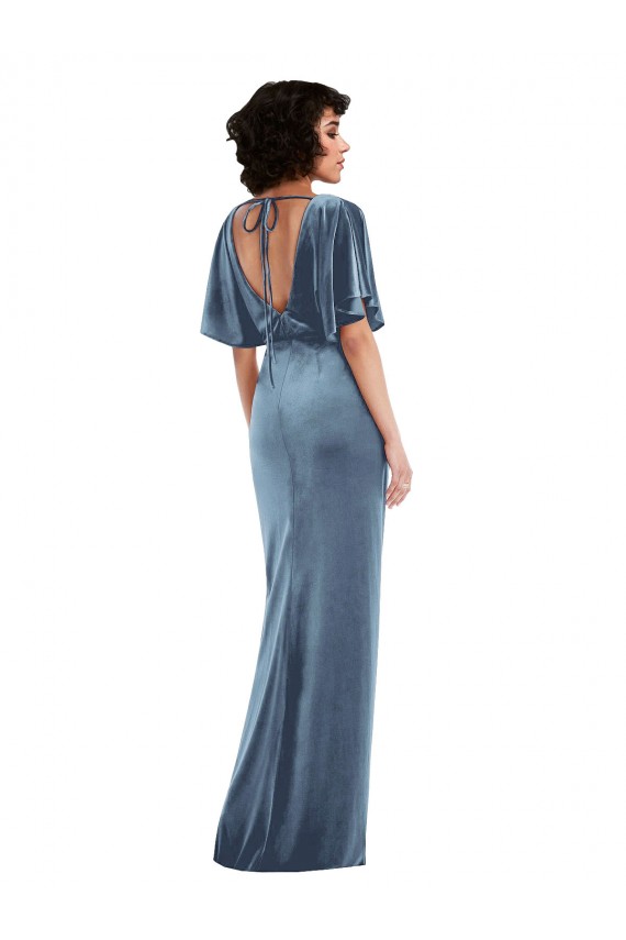 Sheath Stretch Velvet Long Dusty Blue Prom Dress Canada