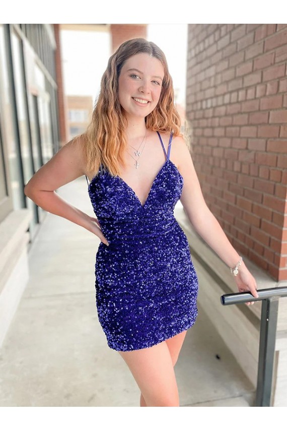 Sheath V-Neck Velvet Sequins Short Velvet Sequin Cocktail Prom Dress Canada