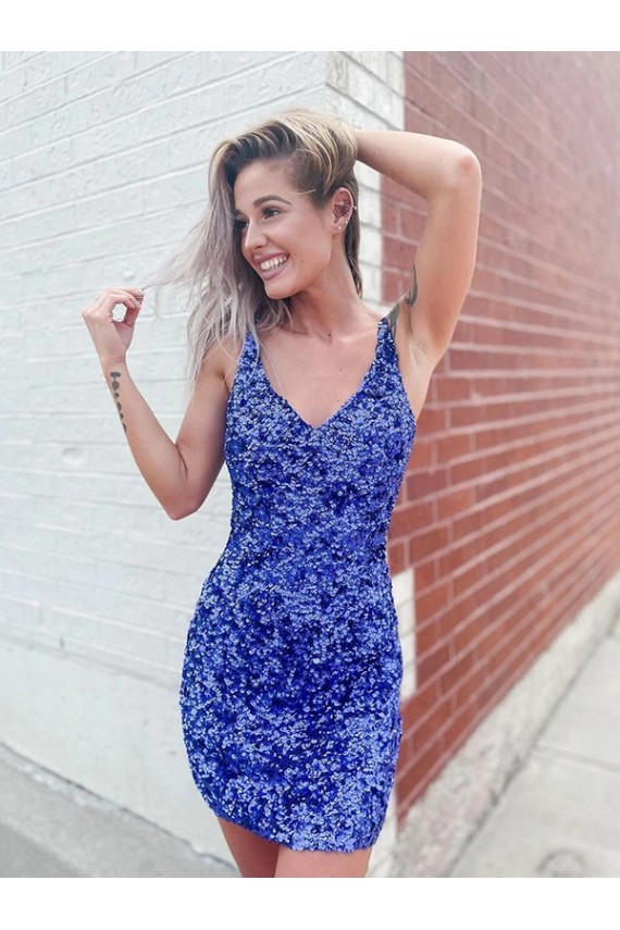 Sheath V-Neck Velvet Sequin Short  Sleeveless Prom Dress Canada