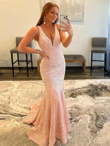 Sheath V-Neck Velvet Sequin Sweep Train  Prom Dress Canada