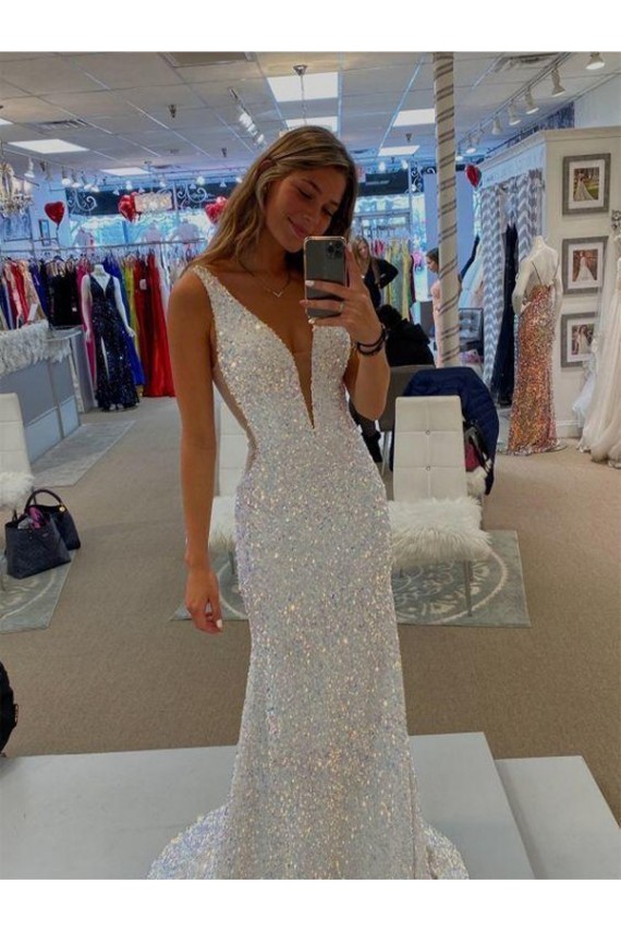 Sheath V-Neck Velvet Sequin Sweep Train  Sleeveless Prom Dress Canada