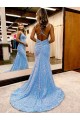Sheath V-Neck Velvet Sequins Sweep Train Periwinkle Velvet Sequin Prom Dress Canada