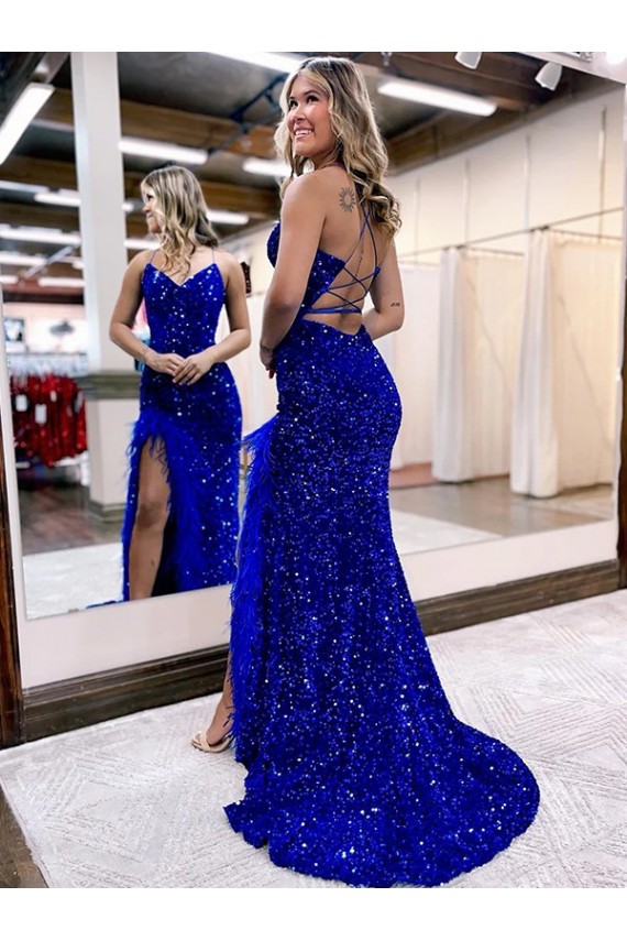 Sheath V-Neck Velvet Sequin Sweep Train Royal Blue Sleeveless Prom Dress Canada