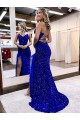 Sheath V-Neck Velvet Sequin Sweep Train Royal Blue Sleeveless Prom Dress Canada