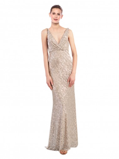 Sheath V-Neck Sequin & Sparkling Sequin Long Silver Prom Dress Canada