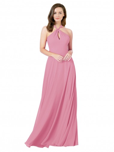 A-Line Halter Neck Soft Chiffon Long Skin Pink Prom Dress Canada