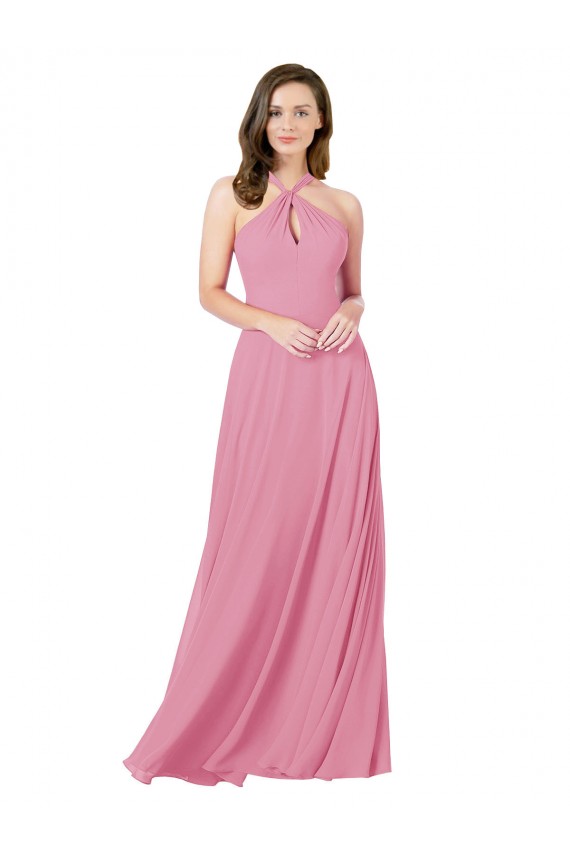 A-Line Halter Neck Soft Chiffon Long Skin Pink Prom Dress Canada