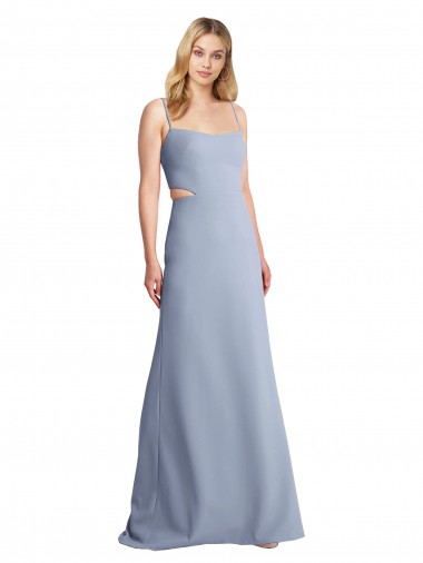 A-Line Scoop Neck Stretch Crepe Long Smoke Blue Prom Dress Canada