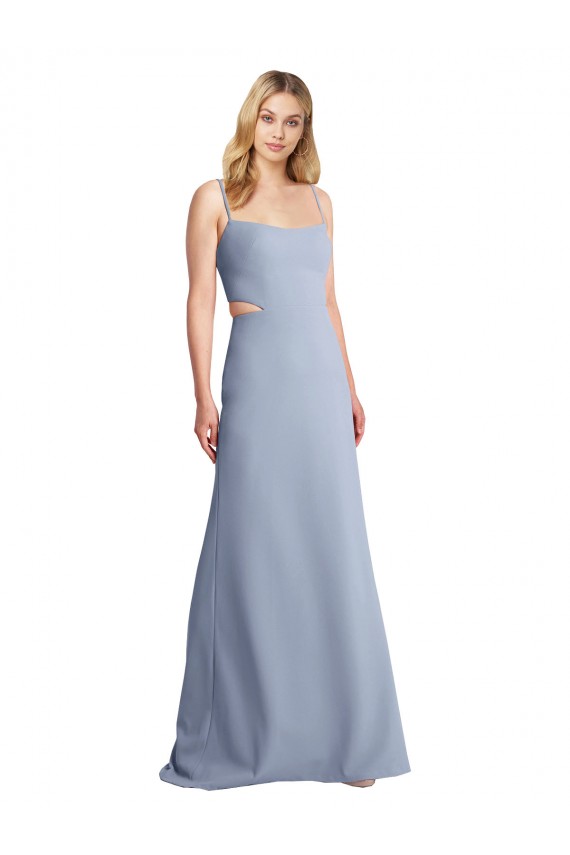 A-Line Scoop Neck Stretch Crepe Long Smoke Blue Prom Dress Canada