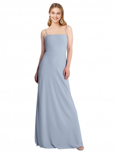 A-Line Square Neck Stretch Crepe Long Smoke Blue Prom Dress Canada