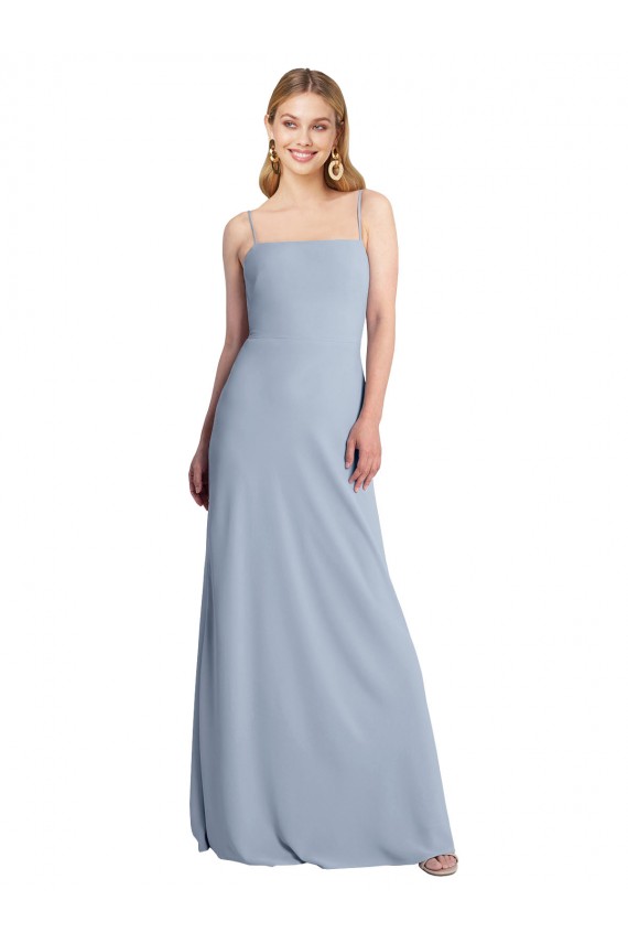 A-Line Square Neck Stretch Crepe Long Smoke Blue Prom Dress Canada