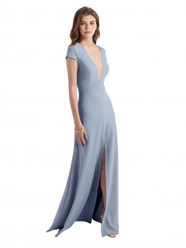 Sheath V-Neck Stretch Crepe Long Smoke Blue Prom Dress Canada