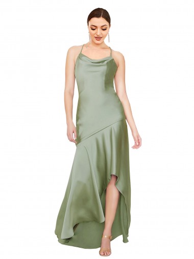 A-Line Cowl Neck Silk like Satin Long Smoke Green High Low Prom Dress Canada
