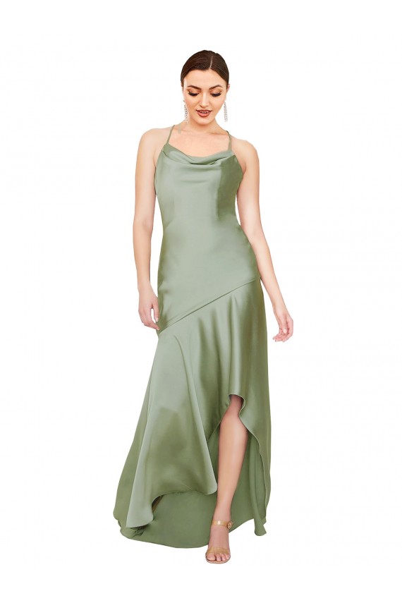 A-Line Cowl Neck Silk like Satin Long Smoke Green High Low Prom Dress Canada